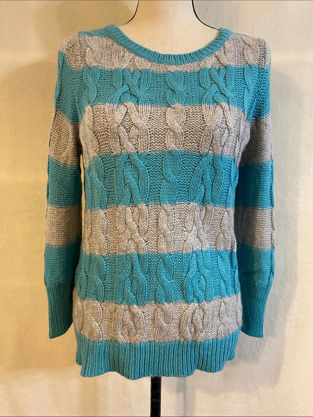 LOFT turquoise blue & grey striped cable knit wool blend crewneck sweater